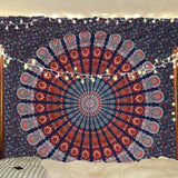 Hippie Bohemian Psychedelic Peacock Mandala Wall Hanging Bedding Tapestry (Golden Blue White)