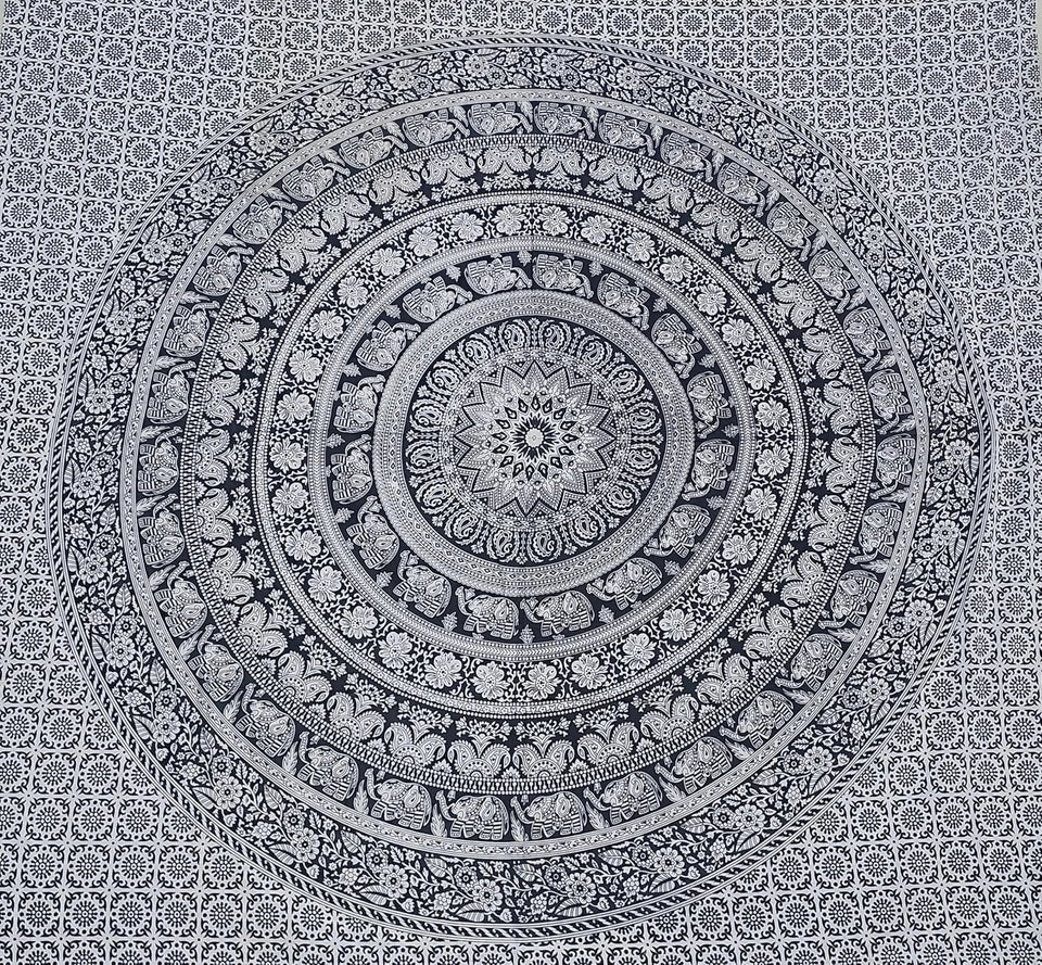 Handmade Indian hippie Bohemian Psychedelic Elephant Mandala Wall hanging Tapestry (Black And White)