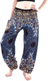 Women's Rayon Print Smocked Waist Boho Harem Pant (Black & Blue Flower)