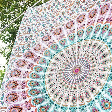 Bless International Indian Hippie Bohemian Psychedelic Peacock Mandala Wall Hanging Bedding Tapestry (Floral Pink Gold)