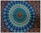 Hippie Bohemian Psychedelic Peacock Mandala Wall Hanging Bedding Tapestry (Blue Green)