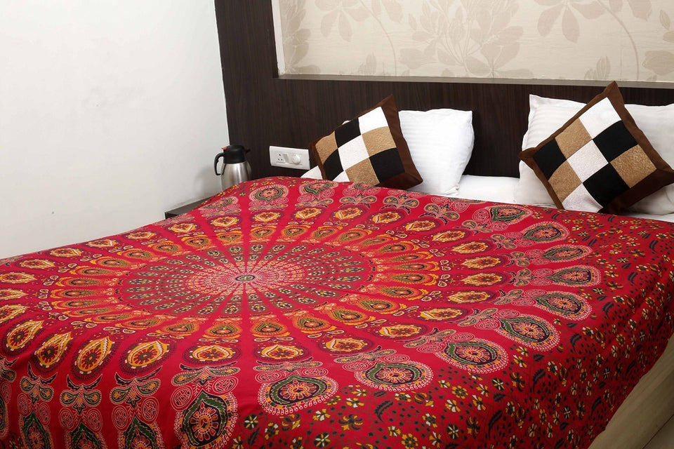 Hippie Bohemian Psychedelic Peacock Mandala Wall Hanging Bedding Tapestry (Golden Red)