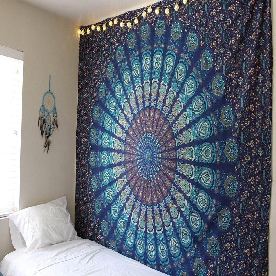Hippie Bohemian Psychedelic Peacock Mandala Wall Hanging Bedding Tapestry (Blue Green)
