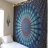 Hippie Bohemian Psychedelic Peacock Mandala Wall Hanging Bedding Tapestry (Blue Green)