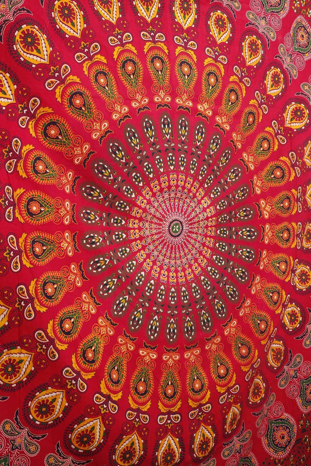 Hippie Bohemian Psychedelic Peacock Mandala Wall Hanging Bedding Tapestry (Golden Red)