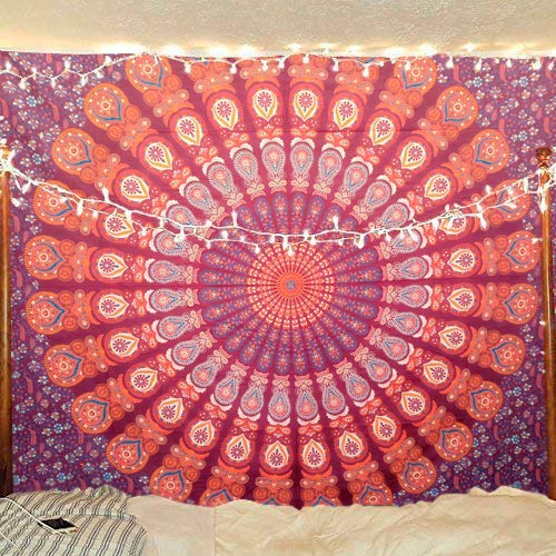 Hippie Bohemian Psychedelic Peacock Mandala Wall Hanging Bedding Tapestry (Blue Red)