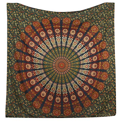 Hippie Bohemian Psychedelic Peacock Mandala Wall Hanging Bedding Tapestry (Golden Green)