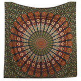 Hippie Bohemian Psychedelic Peacock Mandala Wall Hanging Bedding Tapestry (Golden Green)