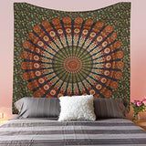 Hippie Bohemian Psychedelic Peacock Mandala Wall Hanging Bedding Tapestry (Golden Green)
