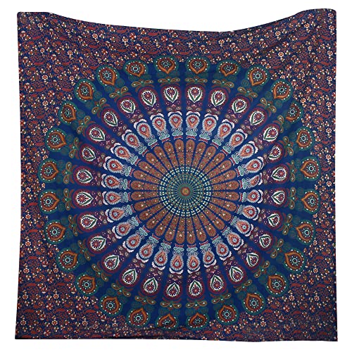 Hippie Bohemian Psychedelic Peacock Mandala Wall Hanging Bedding Tapestry (Golden Red Green)