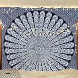 Hippie Bohemian Psychedelic Peacock Mandala Wall Hanging Bedding Tapestry (Black White)