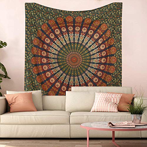 Hippie Bohemian Psychedelic Peacock Mandala Wall Hanging Bedding Tapestry (Golden Green)