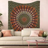 Hippie Bohemian Psychedelic Peacock Mandala Wall Hanging Bedding Tapestry (Golden Green)