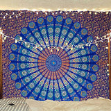 Hippie Bohemian Psychedelic Peacock Mandala Wall Hanging Bedding Tapestry (Blue Green)