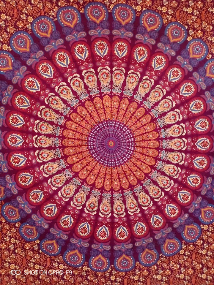 Hippie Bohemian Psychedelic Peacock Mandala Wall Hanging Bedding Tapestry (Blue Red)