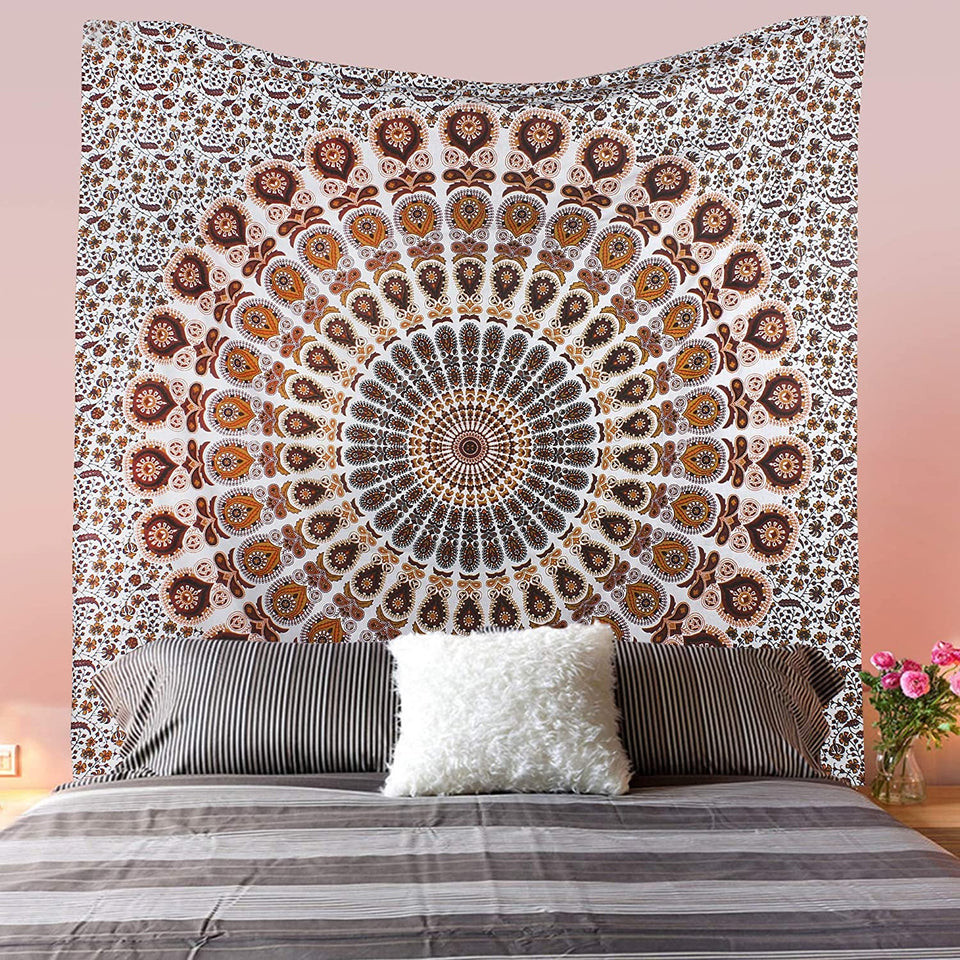 Hippie Bohemian Psychedelic Peacock Mandala Wall Hanging Bedding Tapestry (Orange Brown)