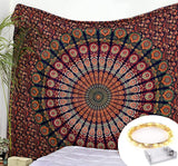 Hippie Bohemian Psychedelic Peacock Mandala Wall Hanging Bedding Tapestry (Golden Red Green)