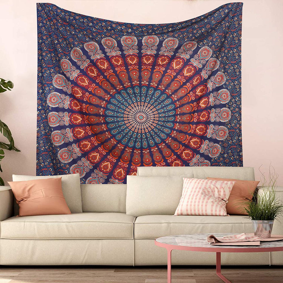 Hippie Bohemian Psychedelic Peacock Mandala Wall Hanging Bedding Tapestry (Golden Blue White)