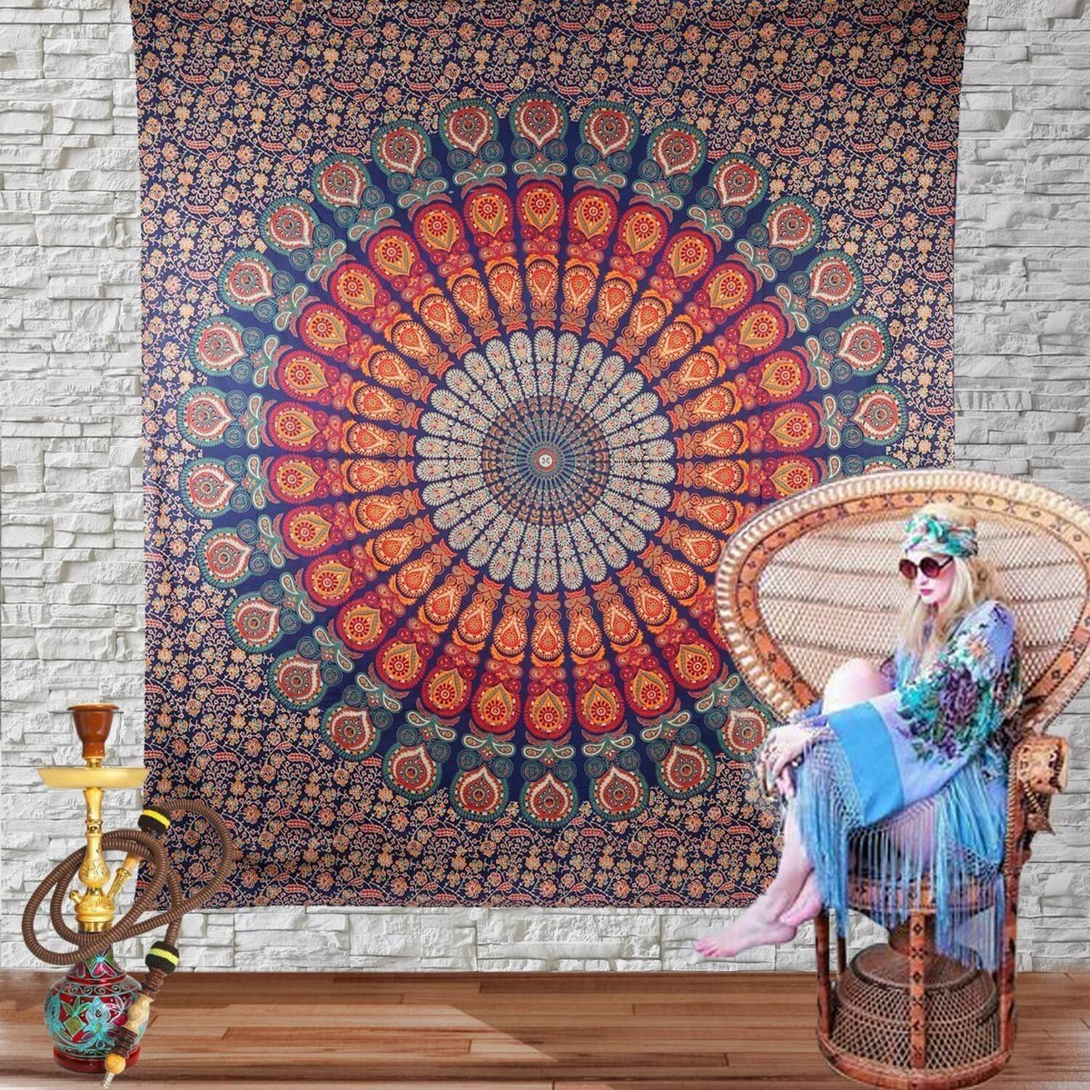 Embrace Serenity Blue Feather Bohemian Mandala Tapestry - rainbowhandicraft