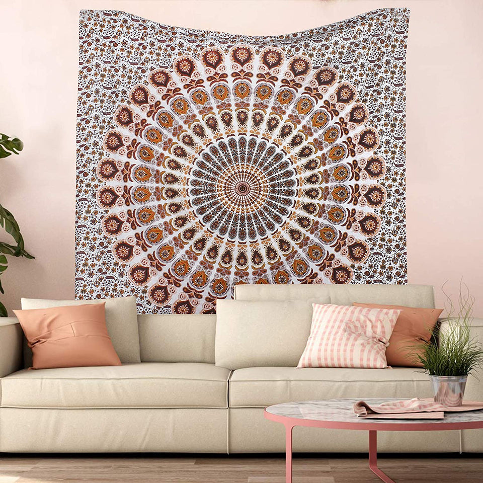 Hippie Bohemian Psychedelic Peacock Mandala Wall Hanging Bedding Tapestry (Orange Brown)