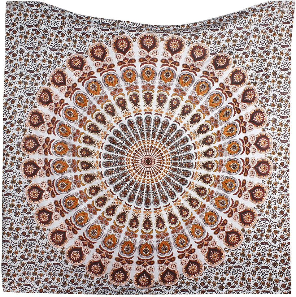 Hippie Bohemian Psychedelic Peacock Mandala Wall Hanging Bedding Tapestry (Orange Brown)