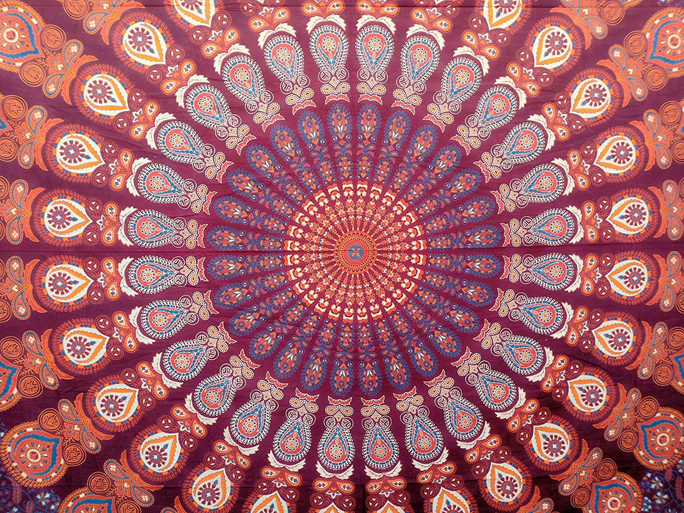 Hippie Bohemian Psychedelic Peacock Mandala Wall Hanging Bedding Tapestry (Blue Red)