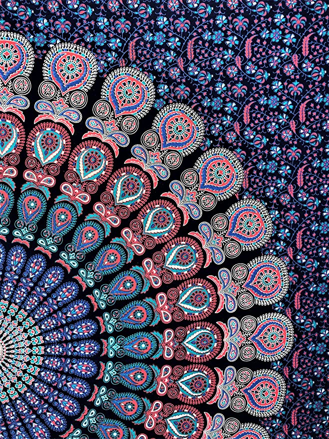 Hippie Bohemian Psychedelic Peacock Mandala Wall Hanging Bedding Tapestry (Midnight Blue)