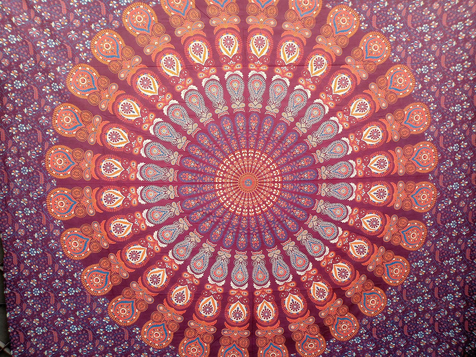 Hippie Bohemian Psychedelic Peacock Mandala Wall Hanging Bedding Tapestry (Blue Red)