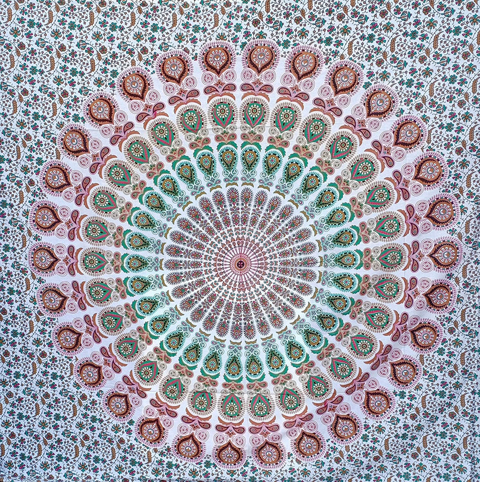 Hippie Bohemian Psychedelic Peacock Mandala Wall Hanging Bedding Tapestry (Floral Gold)