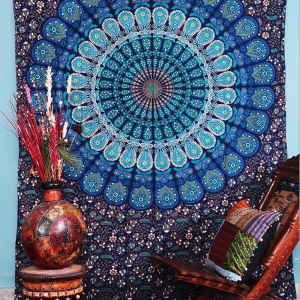 Hippie Bohemian Psychedelic Peacock Mandala Wall Hanging Bedding Tapestry (Blue Green)