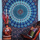 Hippie Bohemian Psychedelic Peacock Mandala Wall Hanging Bedding Tapestry (Blue Green)