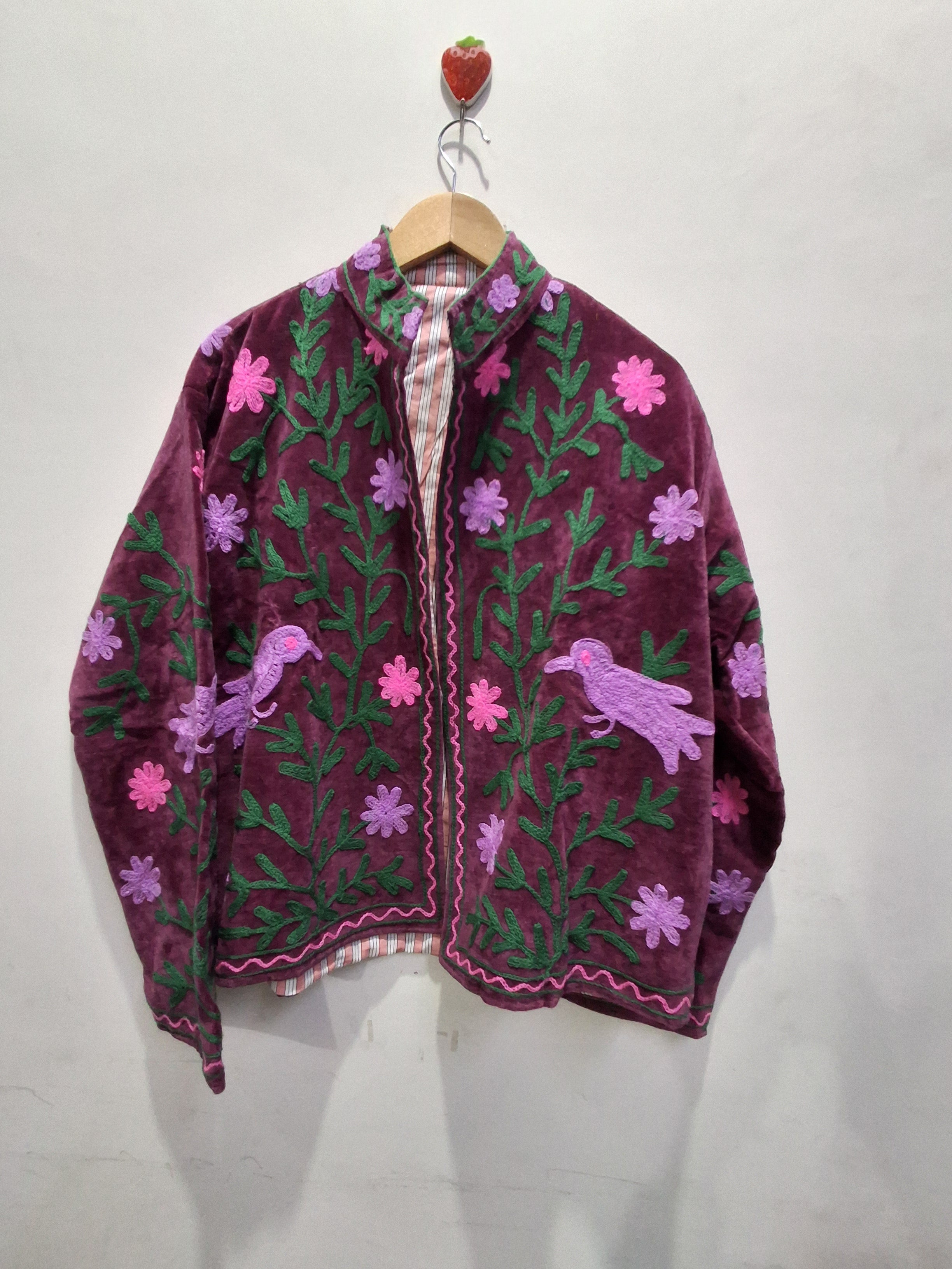 Vintage Floral Embroidered Maroon Velvet Jacket