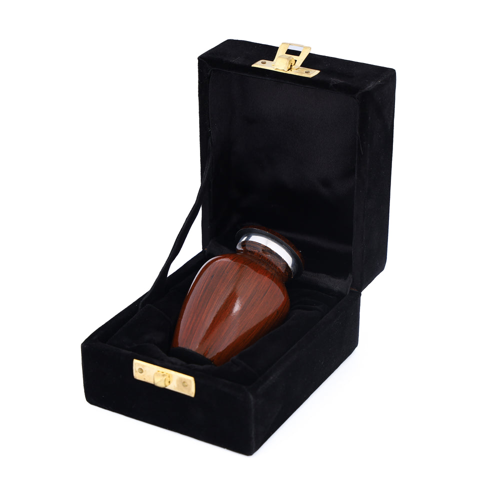 Hand Engraved Small Decorative Brass Urn with Lid – 3" Mini Keepsake Urn (Wooden Brown)