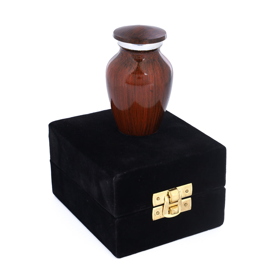 Hand Engraved Small Decorative Brass Urn with Lid – 3" Mini Keepsake Urn (Wooden Brown)