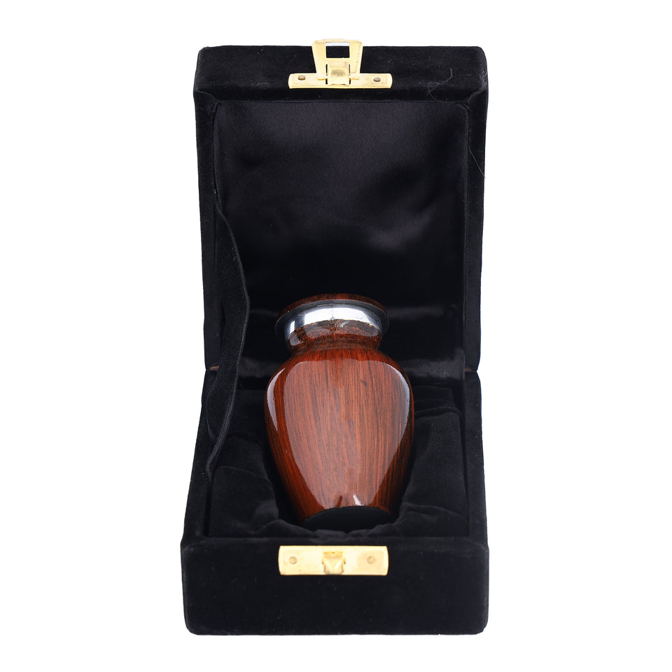 Hand Engraved Small Decorative Brass Urn with Lid – 3" Mini Keepsake Urn (Wooden Brown)