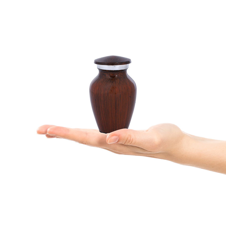 Hand Engraved Small Decorative Brass Urn with Lid – 3" Mini Keepsake Urn (Wooden Brown)