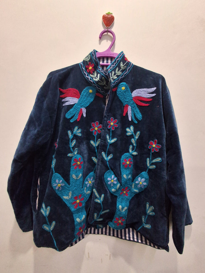 Handcrafted Navy Blue Velvet Cactus & Bird Suzani Embroidered Jacket
