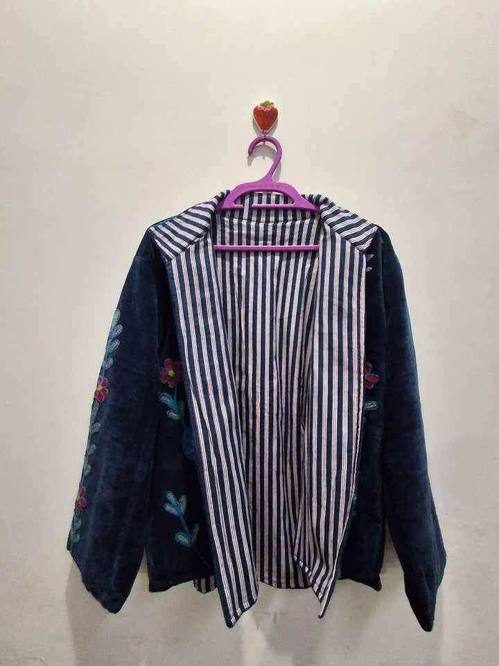 Handcrafted Navy Blue Velvet Cactus & Bird Suzani Embroidered Jacket