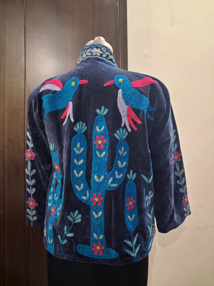 Handcrafted Navy Blue Velvet Cactus & Bird Suzani Embroidered Jacket