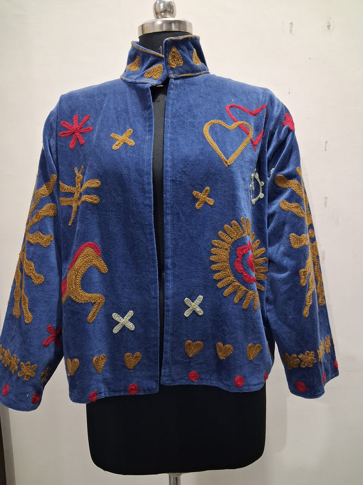 Vintage Boho Embroidered Blue Velvet Jacket