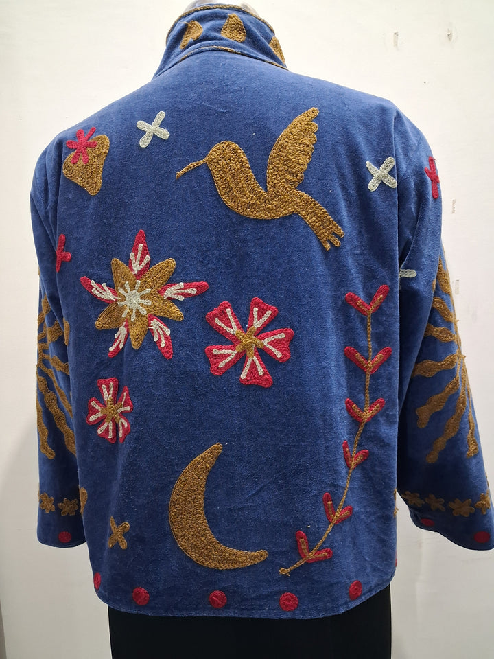 Vintage Boho Embroidered Blue Velvet Jacket