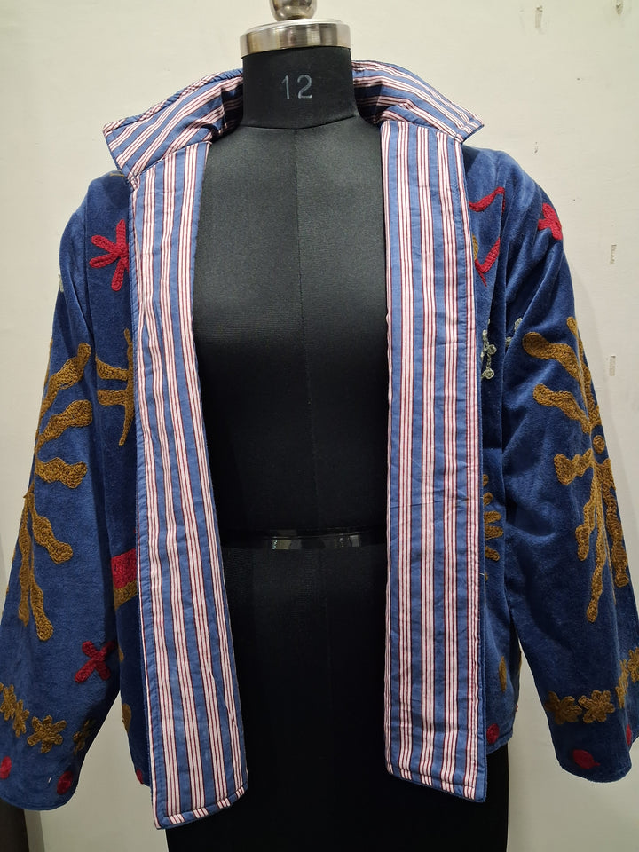 Vintage Boho Embroidered Blue Velvet Jacket