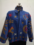 Vintage Boho Embroidered Blue Velvet Jacket