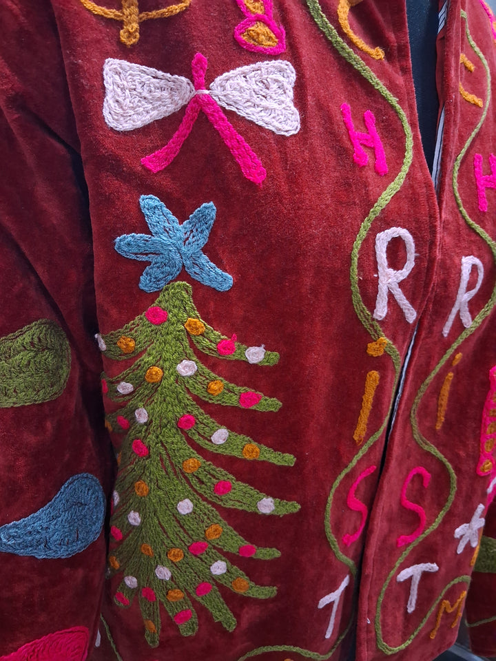 Handcrafted Maroon Velvet Christmas Santa Suzani Embroidered Jacket