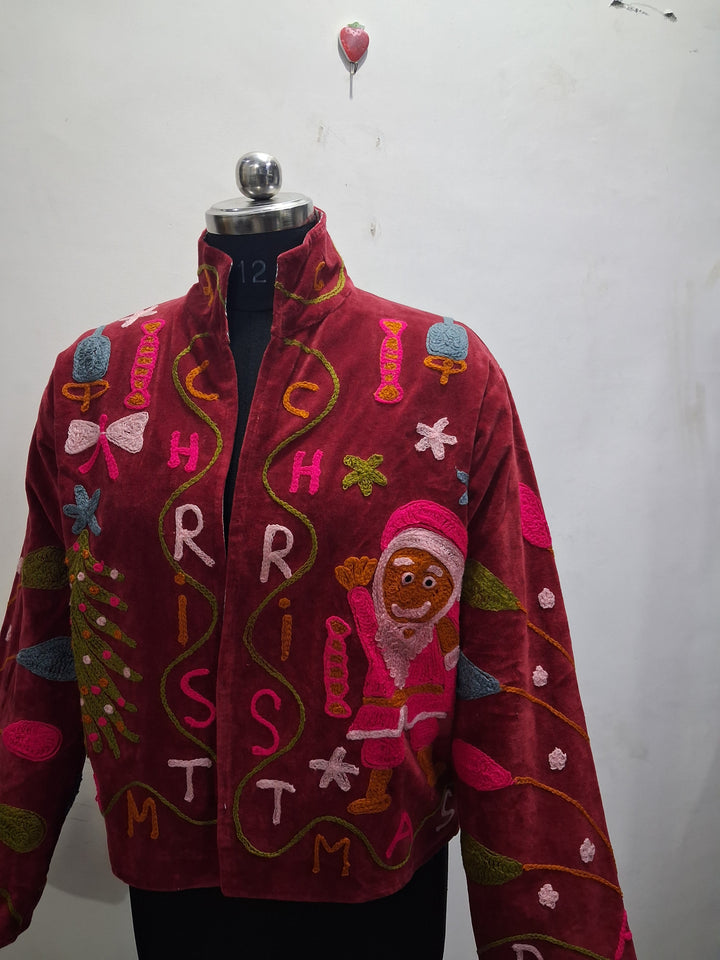 Handcrafted Maroon Velvet Christmas Santa Suzani Embroidered Jacket
