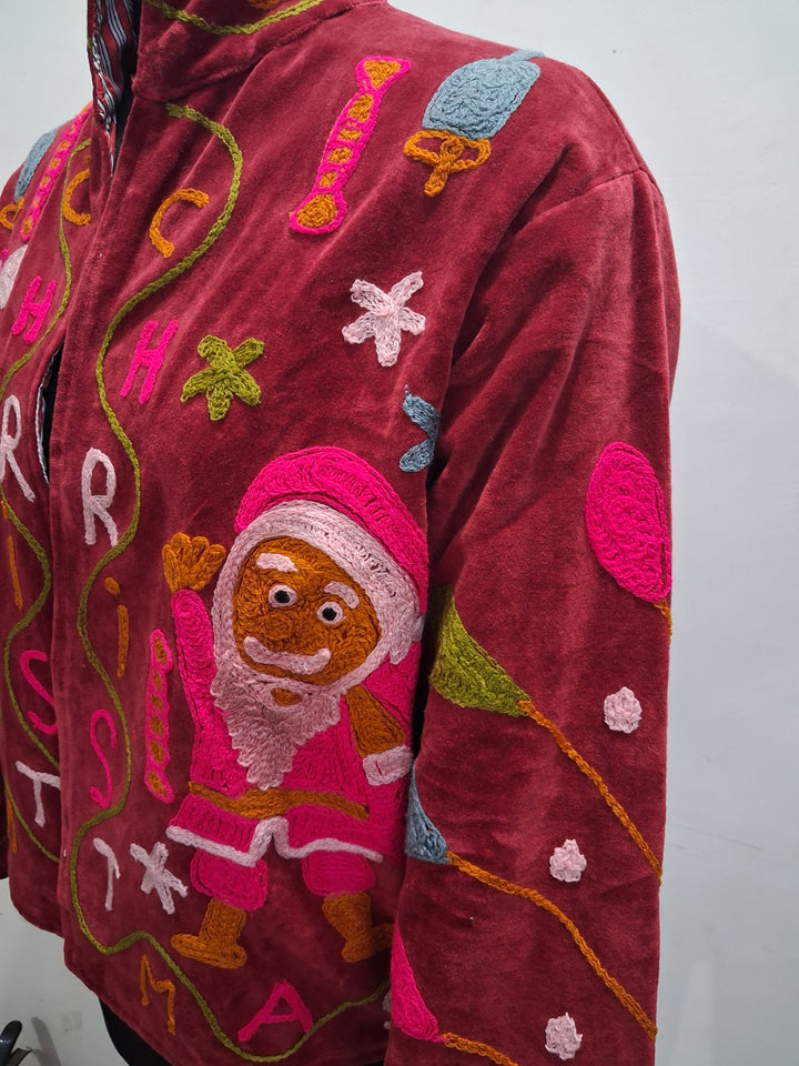 Handcrafted Maroon Velvet Christmas Santa Suzani Embroidered Jacket