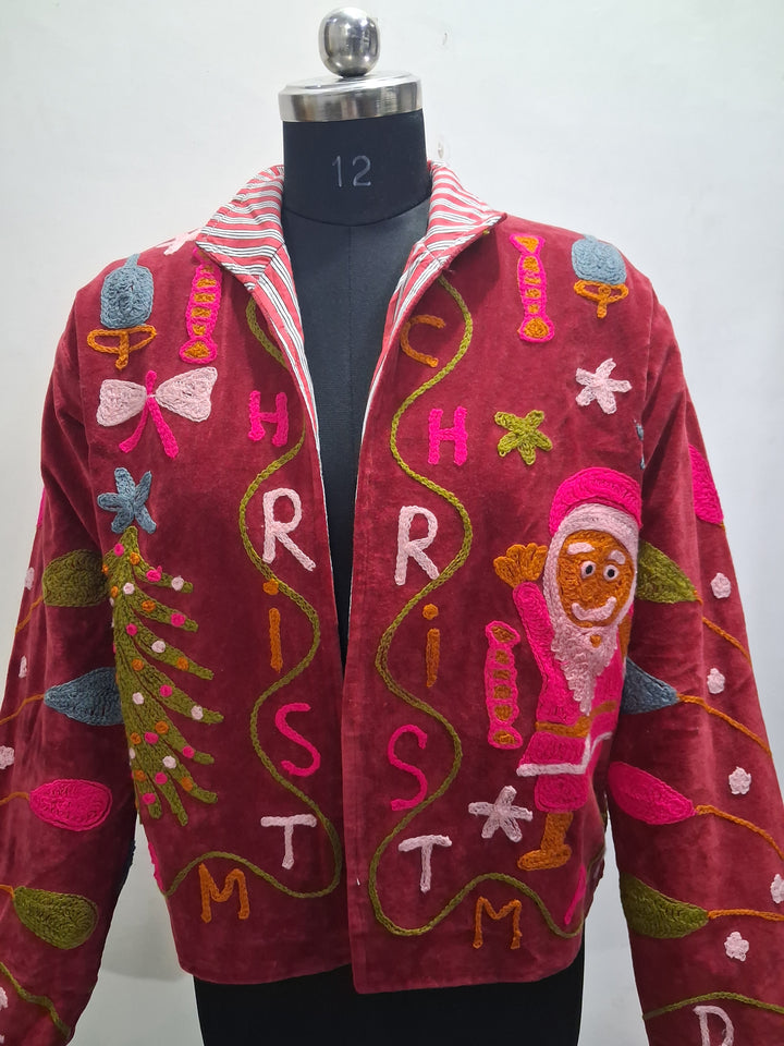 Handcrafted Maroon Velvet Christmas Santa Suzani Embroidered Jacket