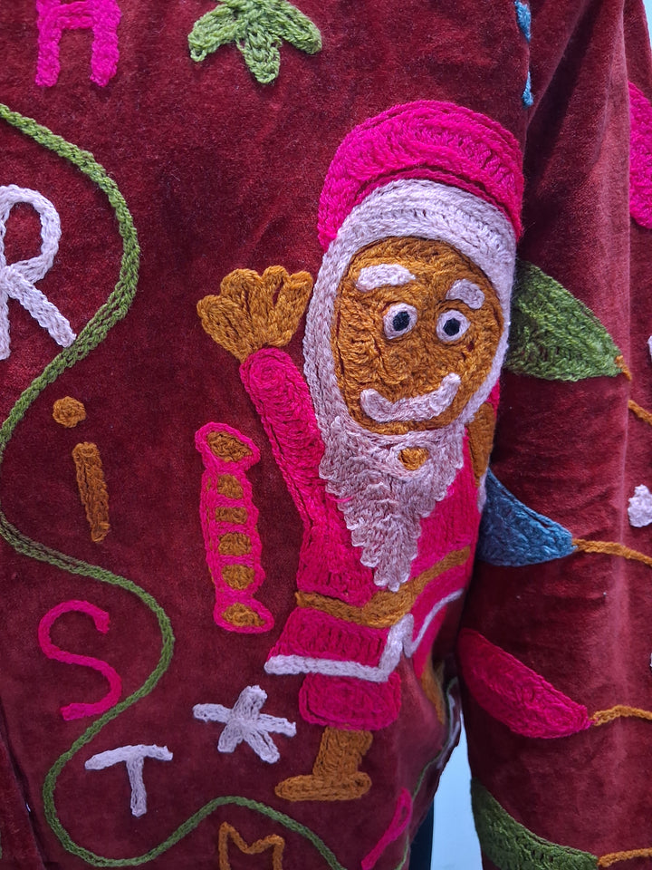 Handcrafted Maroon Velvet Christmas Santa Suzani Embroidered Jacket