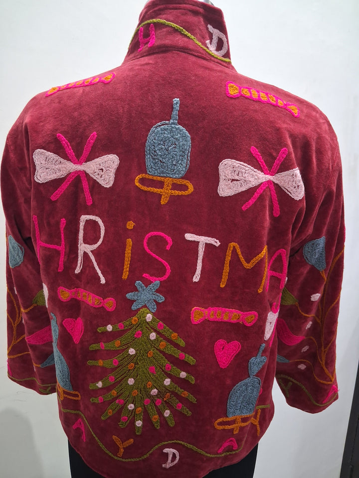 Handcrafted Maroon Velvet Christmas Santa Suzani Embroidered Jacket