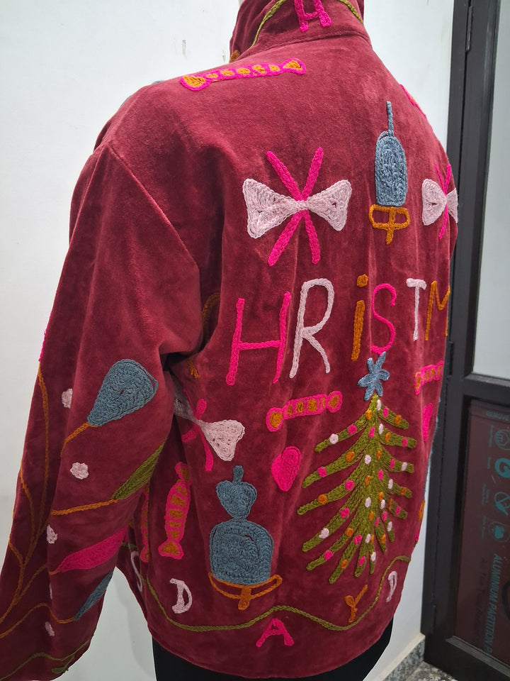 Handcrafted Maroon Velvet Christmas Santa Suzani Embroidered Jacket